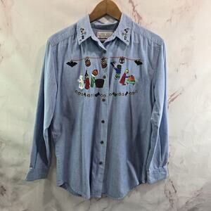 Vintage Halloween Shirt Womens Large 90s Denim Jean Embroidered Button Up Bat